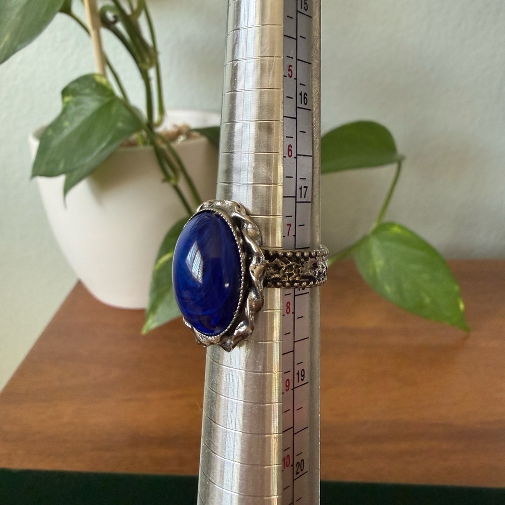 Gorgeous Vintage West Germany Blue Glass Cabochon Silver Tone Adjustable Ring - Picture 3 of 14
